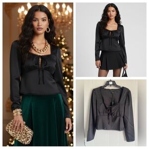 Black Satin Tie Front Blouse M Dark Feminine Quiet Luxury